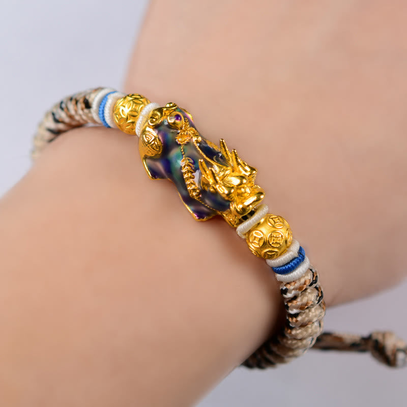 Feng Shui PiXiu Bracelet – color change Pixiu on wrist blue purple hue, adjustable rope, unisex