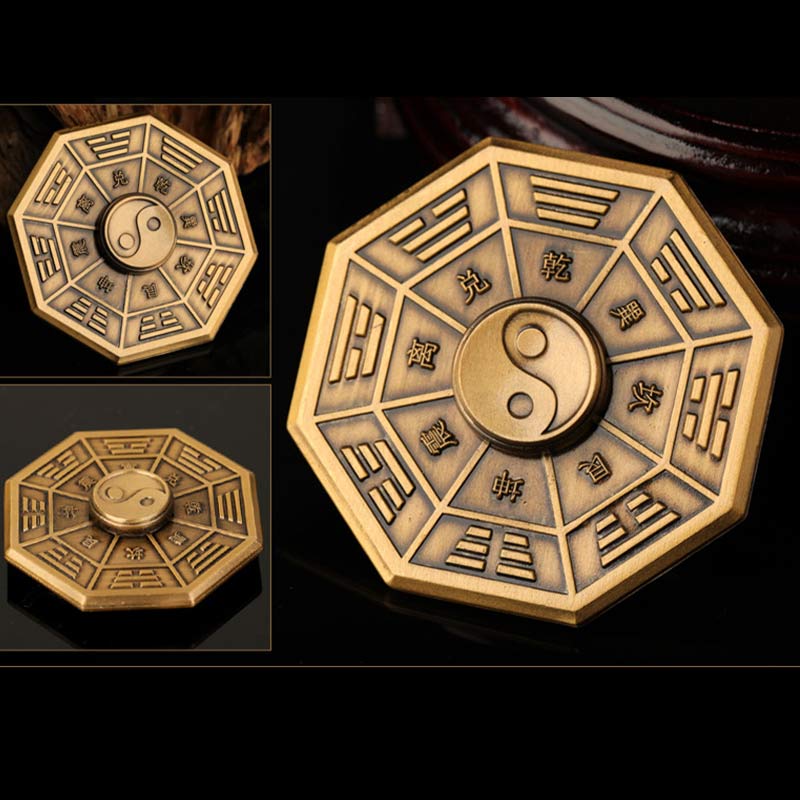 Brass Bagua Spinner - yin-yang center and I Ching trigrams octagonal disc, Chinese meditation toy multi-angle