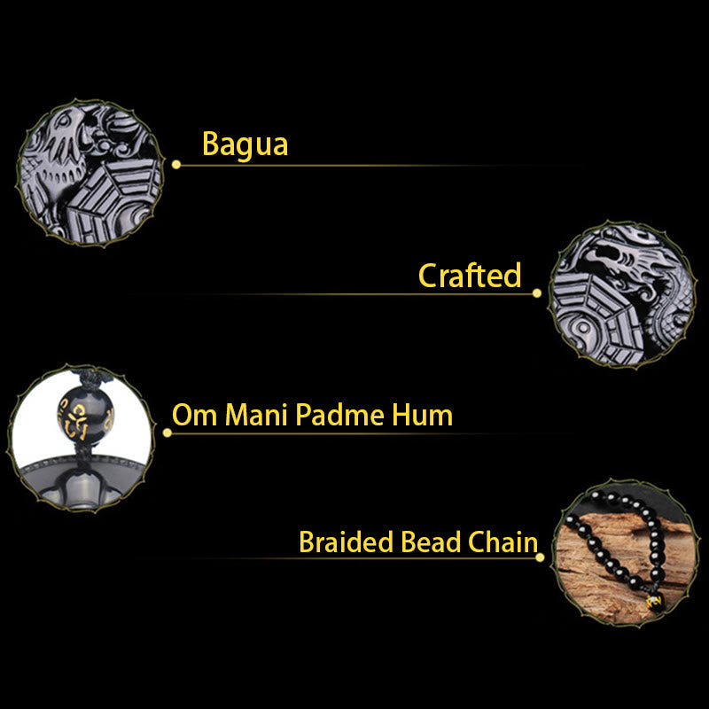 Bagua Dragon Phoenix Obsidian Pendant – Detail diagram of trigram engraving and mantra bead, talisman