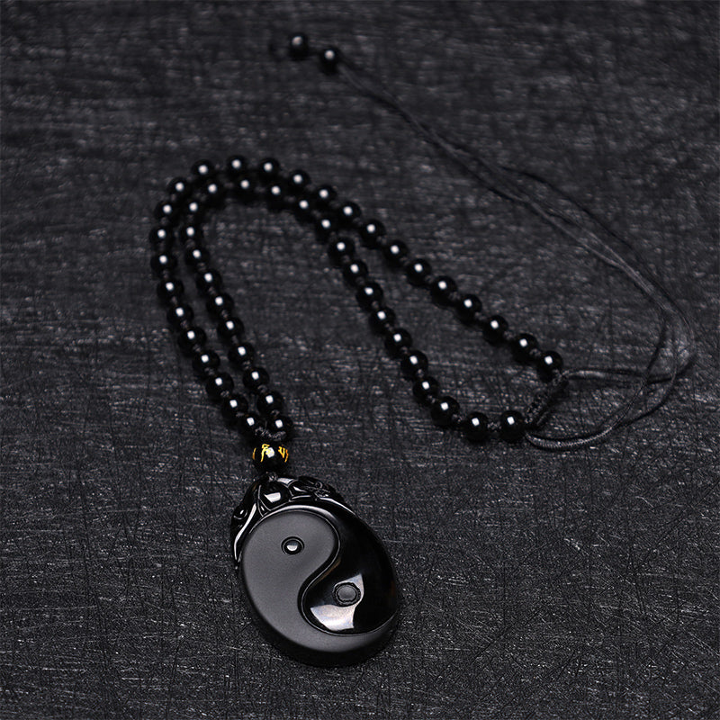 Black Obsidian Yin Yang Pendant Necklace – Full obsidian beaded necklace with Yin-Yang pendant, adjustable cord design