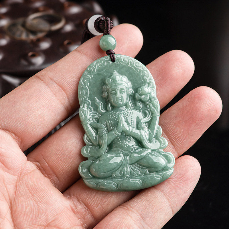 Avalokitesvara Jade Necklace Four-Armed Amulet Blessing 45cm – four-armed prayer posture, mercy loving-kindness pendant