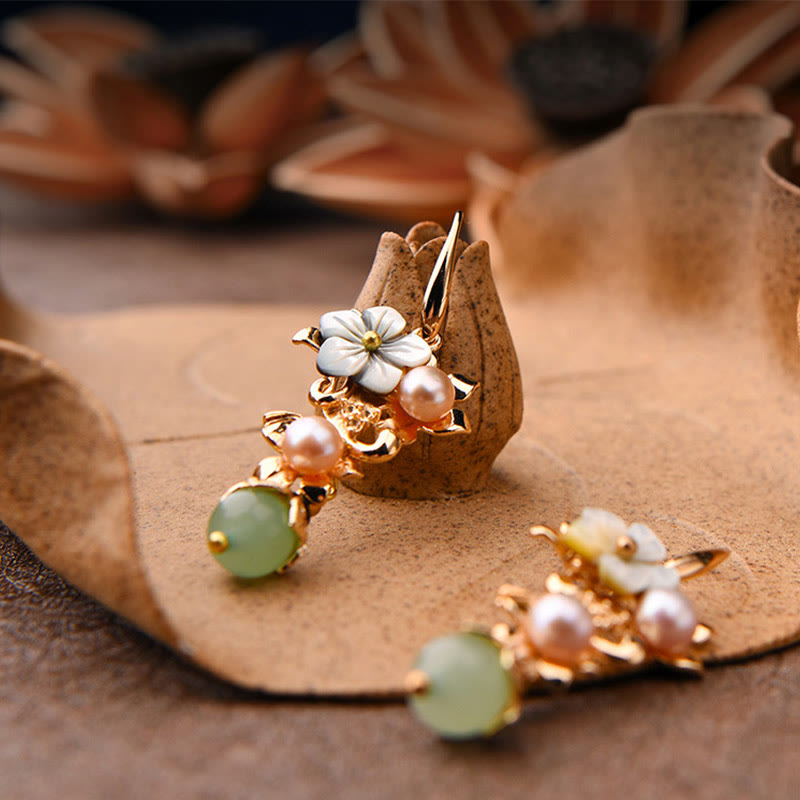 14K Gold Tridacna Pearl Aventurine Drop Earrings – Black Tridacna Stone Flower Pearl Red Bead, close-up detail, earring je...