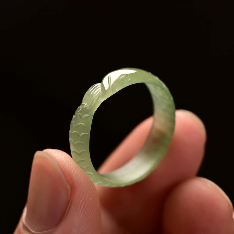 Hetian White Jade Cyan Jade Koi Fish Ring – close-up of koi fish carving, Hetian jade craftsmanship detail