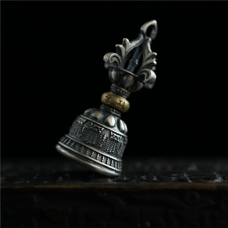 925 Silver Dorje Bell Pendant – Low angle view of Tibetan bell with engraved gold mantra ring
