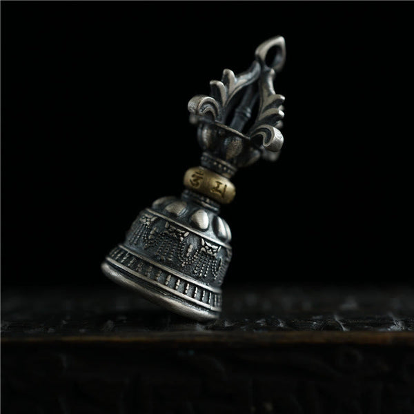 925 Silver Dorje Bell Pendant – Low angle view of Tibetan bell with engraved gold mantra ring