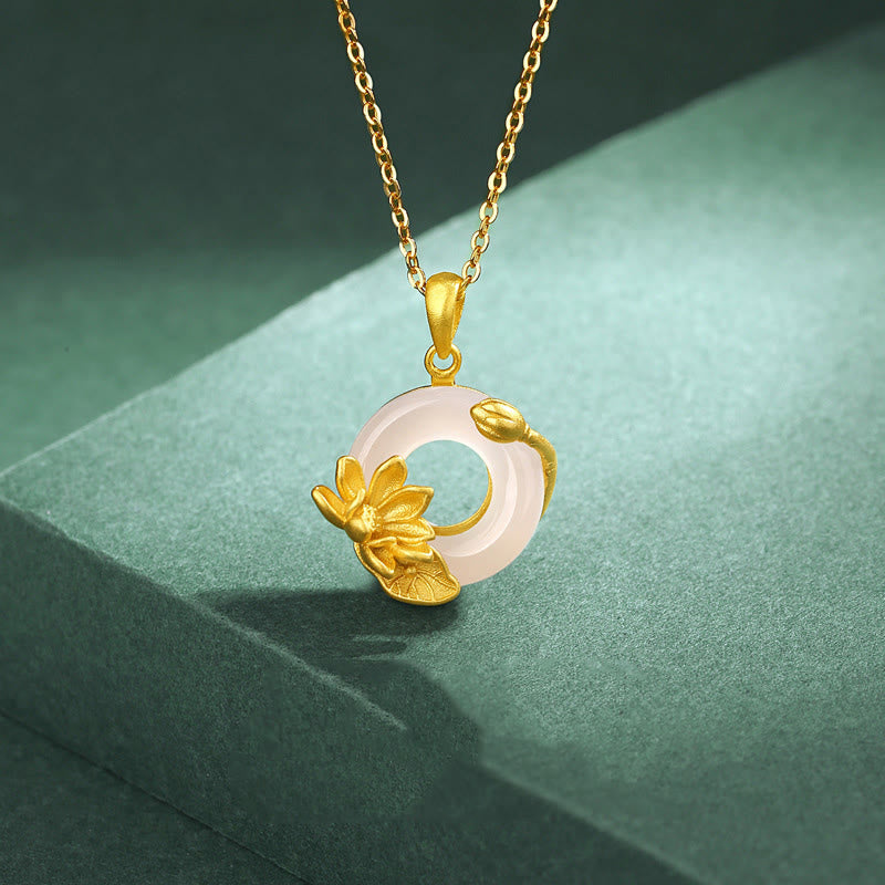 White Chalcedony Lotus S925 Necklace - macro close-up of lotus and jade bi disc, gold necklace