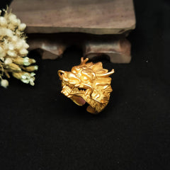 Golden Dragon Luck Protection Ring – detailed carved teeth and curved whiskers on matte gold dragon head