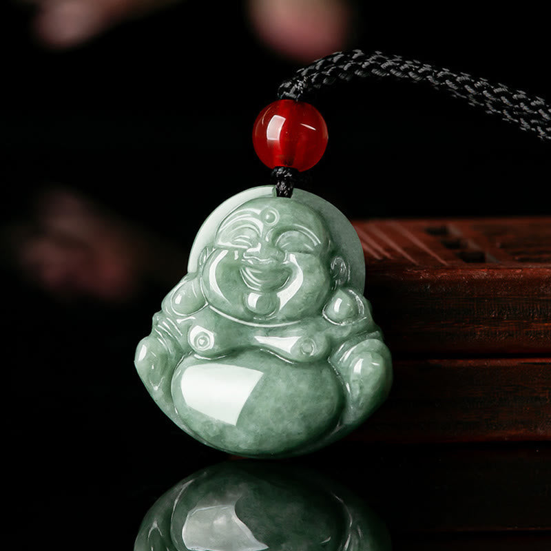 Green Jade Laughing Buddha Necklace - carved mottled jade pendant on black cord with red bead, studio front view, Prosperity