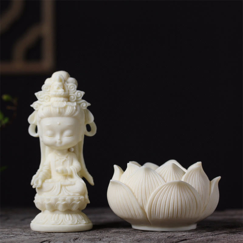 Kwan Yin Ivory Fruit Lotus Decoration - ivory Guanyin statue paired with lotus flower, two-piece set, Harmonious