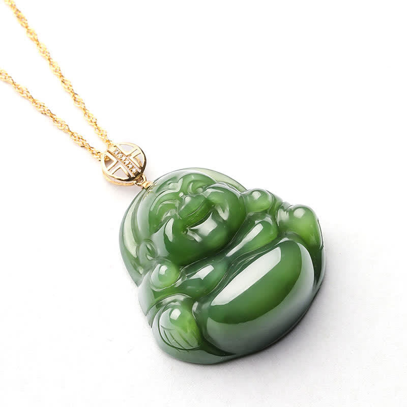 Laughing Buddha Cyan Jade Necklace – adjustable chain length silver detail, 925 silver necklace fit