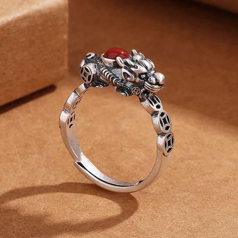 PiXiu Copper Coin Red Agate Ring standing profile, silver beast with carnelian stone, open band, wealth luck