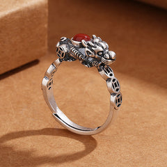 PiXiu Copper Coin Red Agate Ring standing profile, silver beast with carnelian stone, open band, wealth luck