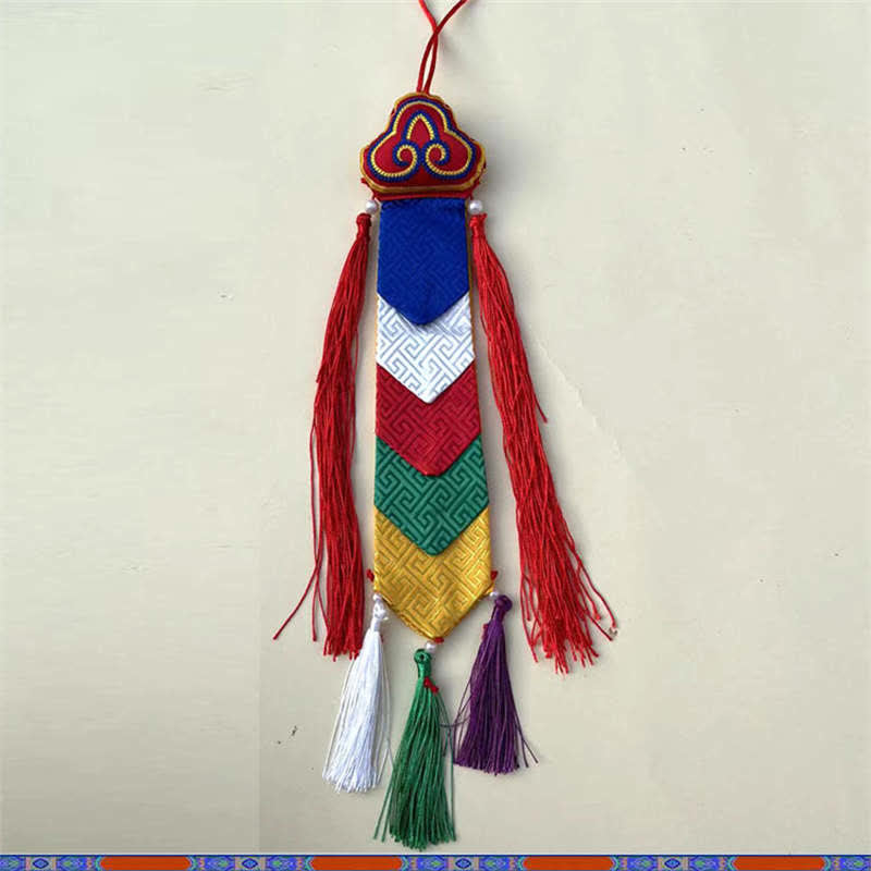 Lotus Auspicious Wall Art – Traditional embroidered pendant with chevron panels, Cultural decor