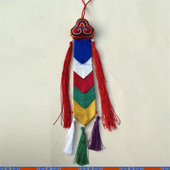 Lotus Auspicious Wall Art – Traditional embroidered pendant with chevron panels, Cultural decor