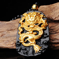 18K Gold Dragon Obsidian Lucky Pendant Necklace – Coiled gold dragon on jet black obsidian with carved wave base, protective