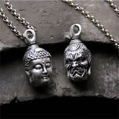 999 Silver Buddha Ghau Pendant Necklace – Close-up of serene facial expression and hand mudra, zen meditation figure
