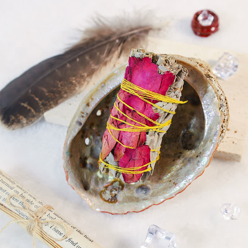 Smudge Stick Set with Abalone Shell - Rose petal stick in shell with large feather, healing