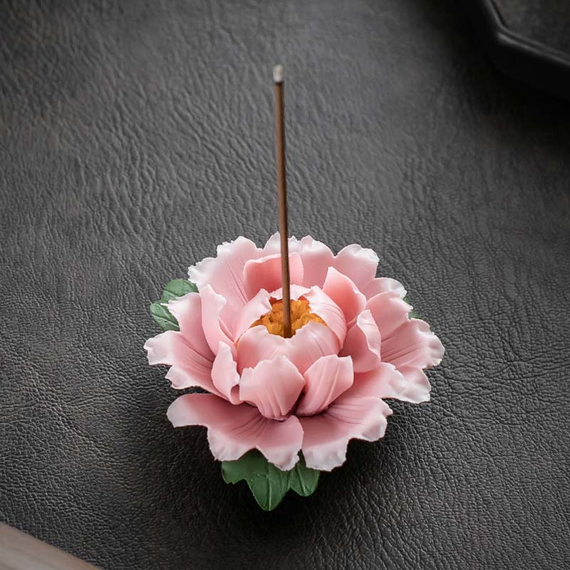 Tibetan Lotus Ceramic Incense Burner – Pink peony with incense stick, Elegant Hauptbild