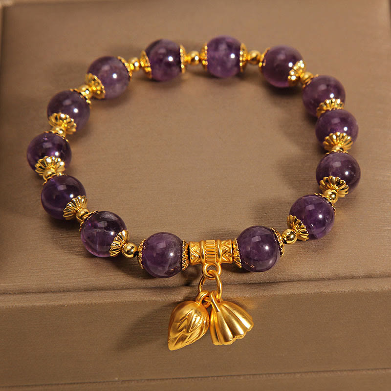 Natural Amethyst Lotus Healing Bracelet - amethyst beads with gold leaf and shell charm, balancing