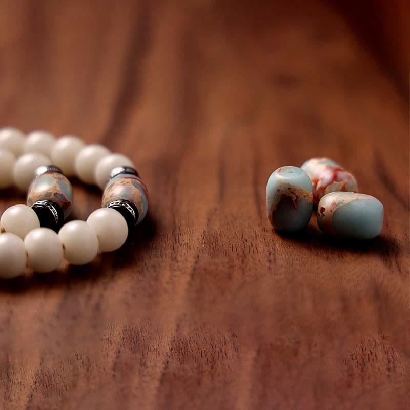 108 Mala Beads Bracelet – Marbled blue-gray agate accent beads, macro