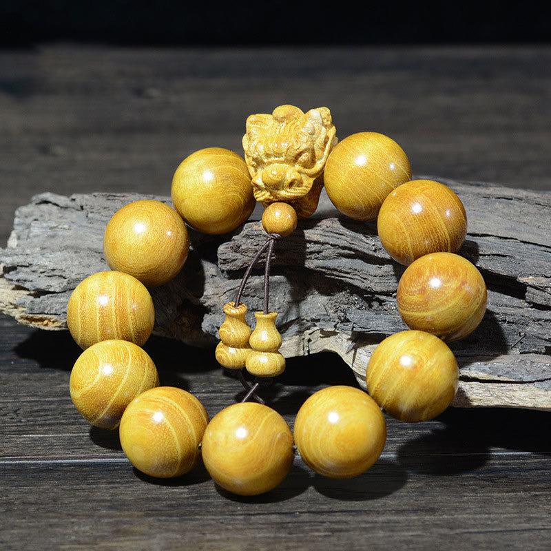 Multi-Wood Dragon Bracelet - Golden beads with dragon head and triple-gourd pendant on driftwood, Success