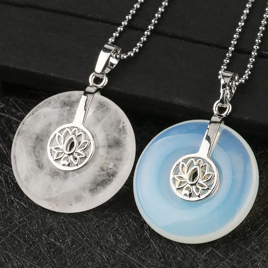 Crystal Amethyst Pink Crystal Lotus Necklace – Clear quartz and opalite donut pendants on silver ball chains, crystal healing jewelry