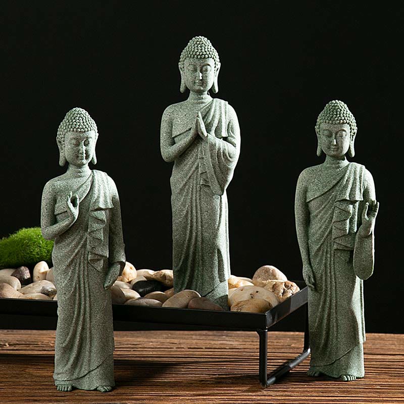 Green Sandstone Buddha Statue – Three standing Buddhas on pebble tray with moss accent