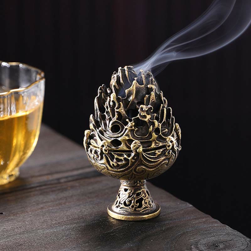 Bronze Incense Burner with Tea Cup – Low side angle showing censer with rising smoke beside tea cup, meditation setting
