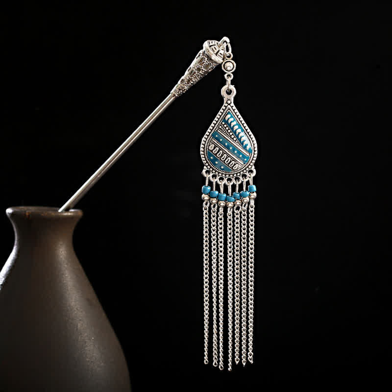 Water Drop-Blue hairpin front view, blue enamel teardrop with silver chains
