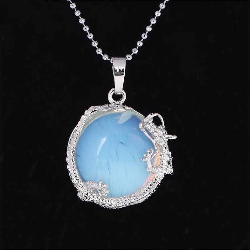 Dragon Multi-Stone Crystal Healing Pendant – Opalite dragon with milky blue translucence, calming