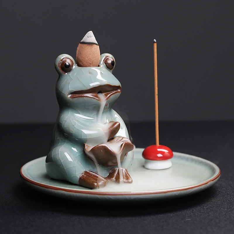 Meditation Frog Ceramic Lotus Incense Burner - 3/4 angle showing dual cone and stick incense holders, Mindful
