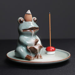 Meditation Frog Ceramic Lotus Incense Burner - 3/4 angle showing dual cone and stick incense holders, Mindful