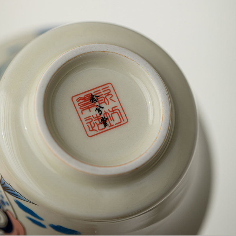 Koi Sancai Teacup – on wooden tea tray with lid on, kung fu tea set