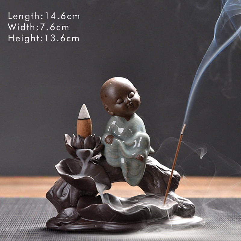 Little Monk Ceramic Incense Burner - Monk ceramic figurine with lotus backflow design, spiritual home accent piece