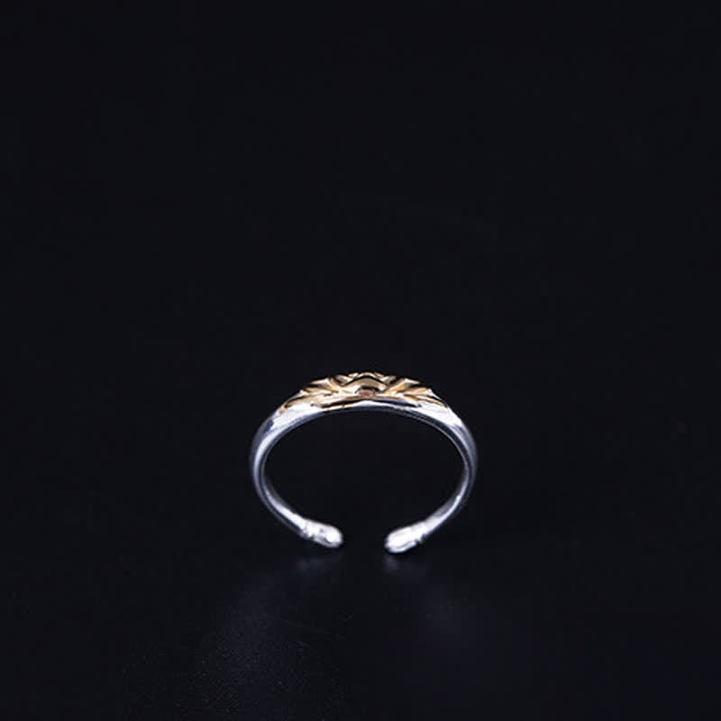 925 Sterling Silver Lotus Ring – Ornate gold floral detail on silver open cuff facing forward, two-tone ring