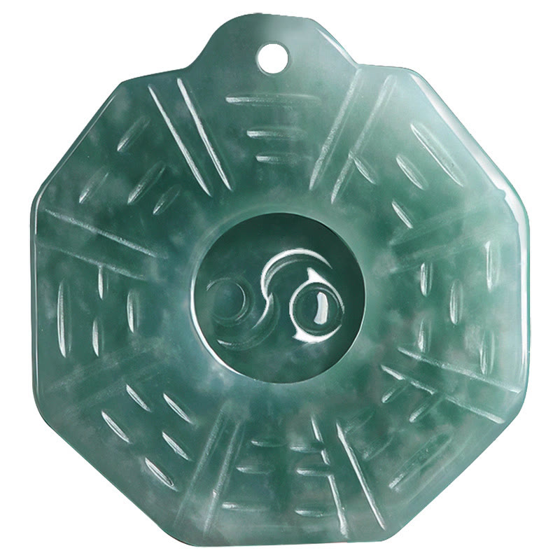 Natural Jade Bagua Yin Yang Pendant - Green jade bagua disc with carved trigrams, octagonal jade pendant
