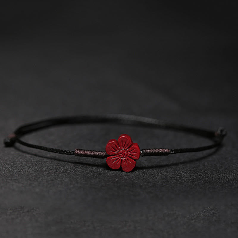 Cinnabar PiXiu Lotus Koi Fish Blessing Braid Bracelet – red cinnabar flower on black cord alternative style, adjustable handmade bracelet