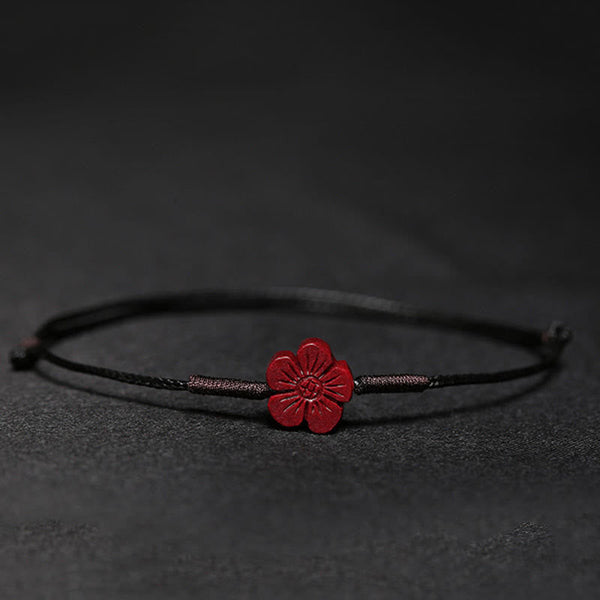 Cinnabar PiXiu Lotus Koi Fish Blessing Braid Bracelet – red cinnabar flower on black cord alternative style, adjustable handmade bracelet
