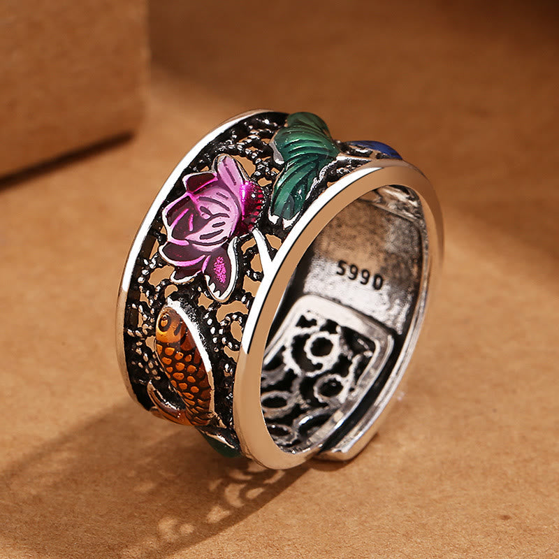Copper Enamel Koi Fish Ring – close-up of blue enamel lotus petal pattern with fine line detail
