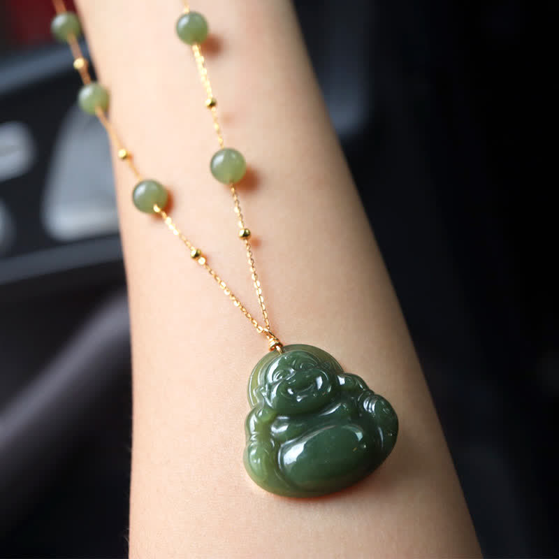 Jade Laughing Buddha Bracelet – Detailed amber stone highlights, jade healing jewelry