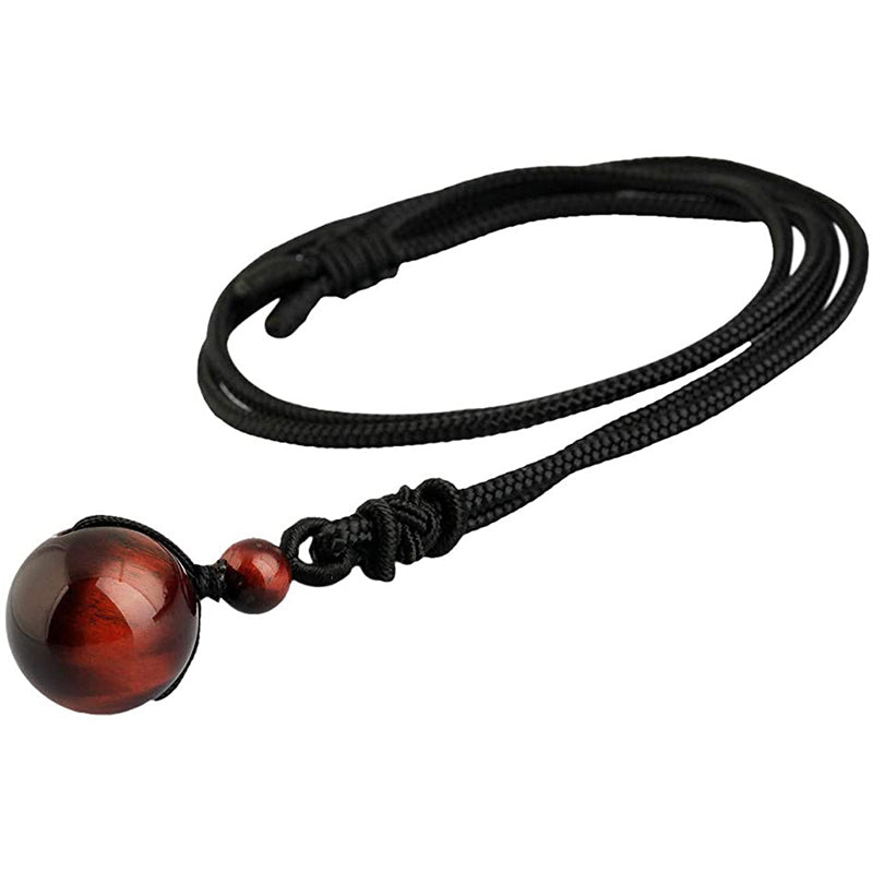 Tibetan Tiger Eye Obsidian Amethyst Protection Necklace – Red tiger's eye sphere pendant on black woven rope with knot closure