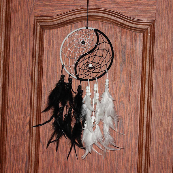Yin Yang Dream Catcher with Feathers – Dreamcatcher hanging on wooden door black white, bedroom decor