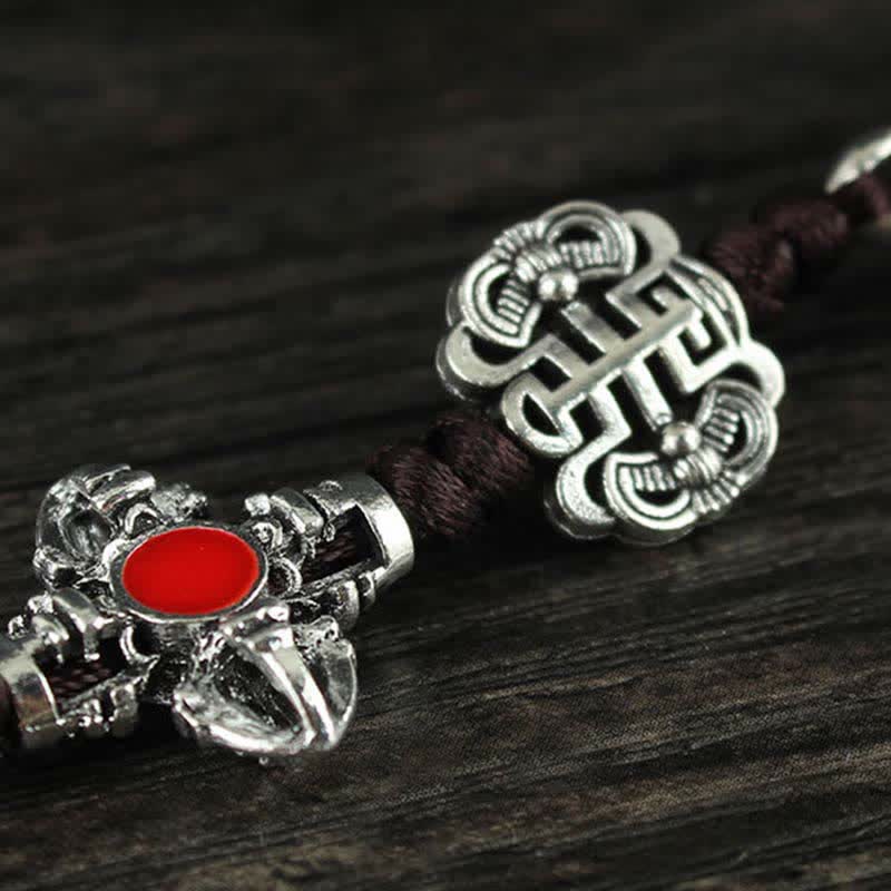 Tibetan Vajra Dorje Car Hanging – Vajra charm with red inlay and endless knot on braided cord, spiritual bracelet
