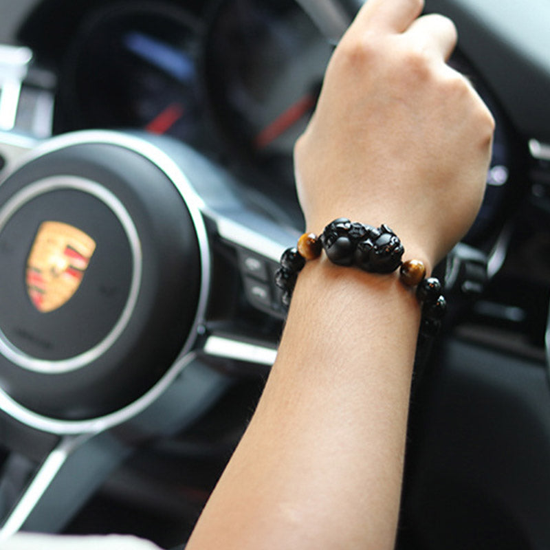 FengShui PiXiu Rainbow Obsidian Bracelet – wrist wearing bracelet in car, daily style, black obsidian tiger eye wealth