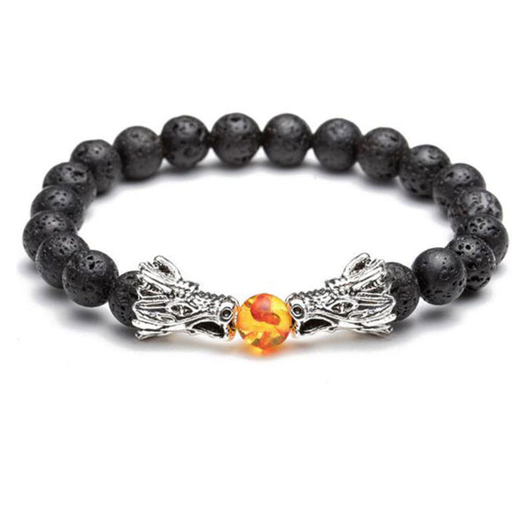 White Turquoise Lava Rock Dragon Bracelet – Front view black lava beads silver dragon charm amber center, Powerful
