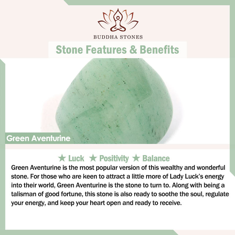 Green Aventurine gemstone information card showing light green stones with luck and positivity benefits for Tree of Life bracelet.