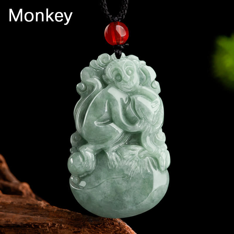 Green Jade Zodiac Necklace - Seated monkey holding peach with gourd base, longevity blessing