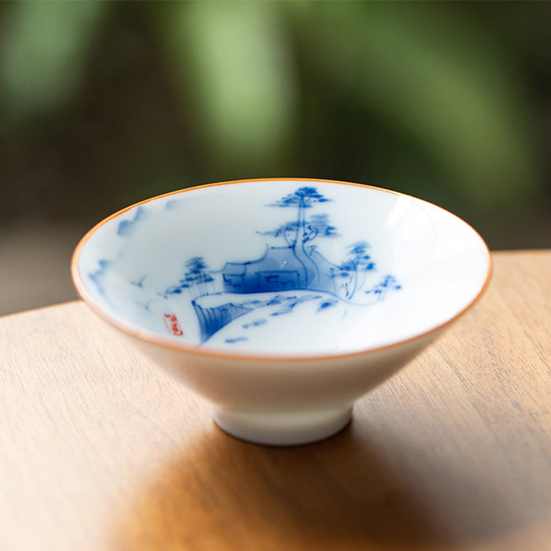 Mandala Koi Teacup – Top-down view of rim with persimmon and bird motifs, small tea cup