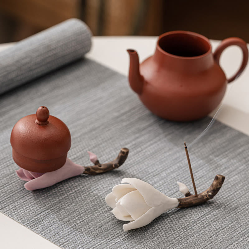 Gardenia Ceramic Incense Burner – White and lavender holders with Yixing teapot, smoke on gray woven mat