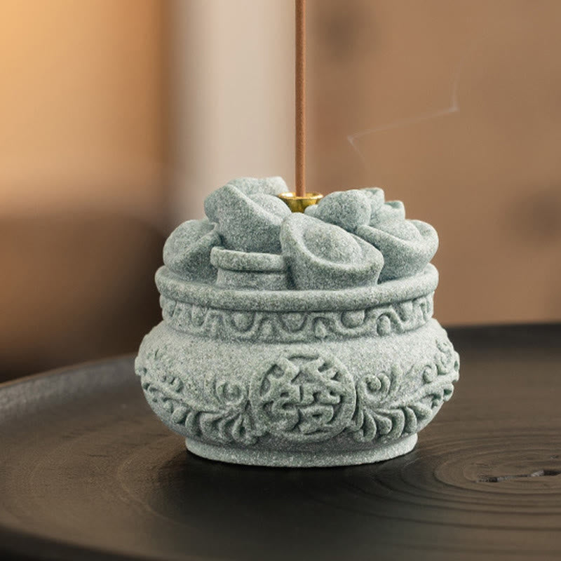 Fu Character Sandstone Incense Burner – ingot lid with smoke on dark surface, sandstone incense holder